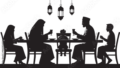 Black silhouette of a Muslim family dining together with decorative lanterns overhead dinner family gathering