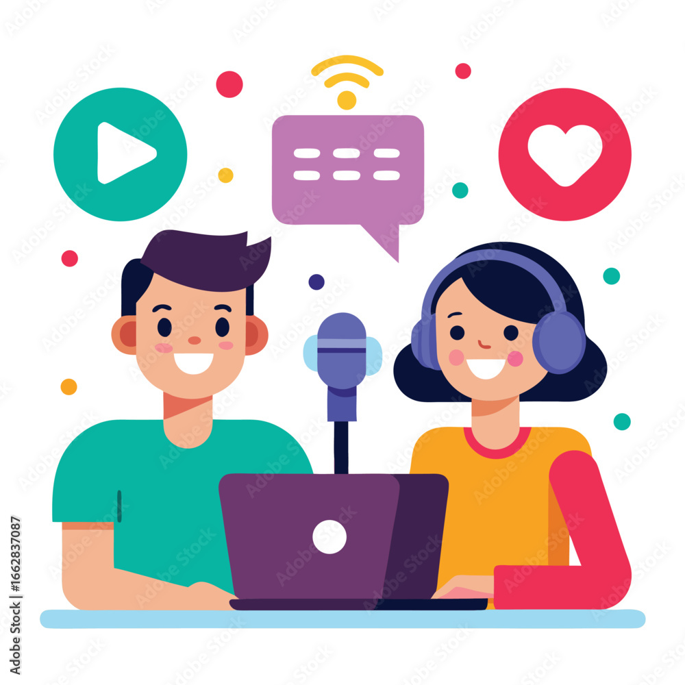 Fototapeta premium Two podcasters are recording a new episode with laptops and microphones isolated on white background