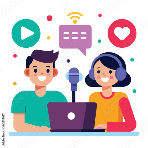 Two podcasters are recording a new episode with laptops and microphones isolated on white background