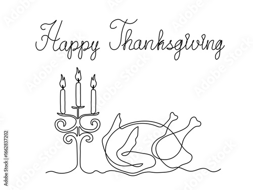 Happy Thanksgiving day. Greeting card. Abstract baked turkey, candelabra with candles, festive dinner, continuous single one line art hand drawing sketch logo