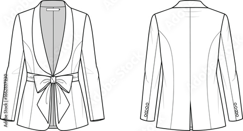 Women’s blazer flat sketch, CAD fashion drawing, elegant jacket design, apparel technical illustration, stylish coat vector, garment template pattern, fashion clothing outline