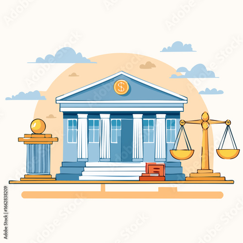 Vector illustration of a classical building, scales of justice, and a pillar, symbolizing law, finance, and governance under a calm sky