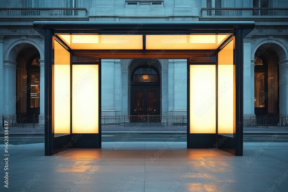 Obraz premium Modern illuminated bus stop shelter at dusk in front of historic stone building with arches and a dark wooden door