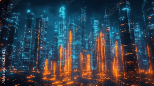 Wallpaper Mural Futuristic digital cityscape with glowing tall skyscrapers illuminated in blue and orange lights under a dark cloudy sky Torontodigital.ca