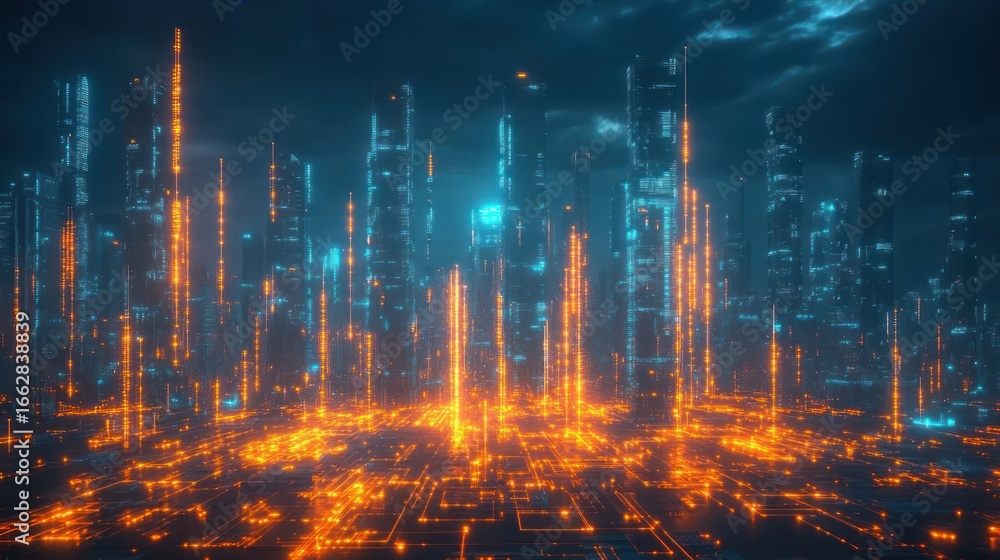 Naklejka premium Futuristic cityscape with glowing orange and blue digital light towers emerging from a circuit-like ground under a cloudy night sky, evoking a high-tech and vibrant atmosphere