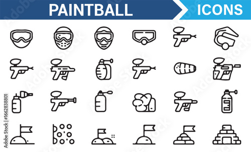 Paintball Game and Equipment Icons for Sports and Outdoor Activities