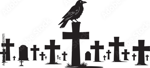 Black silhouette of a crow perched on a cross in a graveyard with multiple gravestones bird