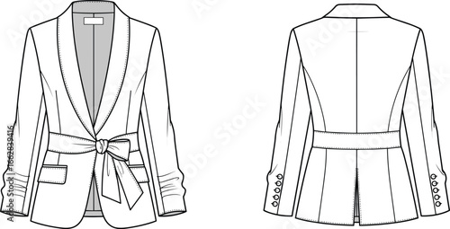 Women’s blazer flat sketch, CAD fashion drawing, tailored jacket design, apparel technical illustration, stylish coat vector, garment template pattern, fashion clothing outline