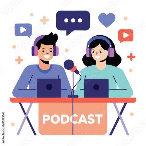 Two podcasters are recording a podcast episode with microphone and laptop isolated on white background