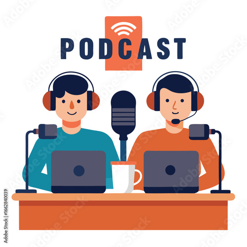 Two men are recording a podcast episode with microphone and laptop isolated on white background