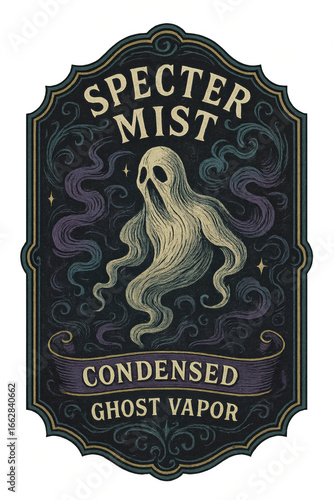 vintage apothecary potion label illustration of ghostly specter with mist swirling around ornate black and purple engraved frame antique fantasy vapor design concept of halloween crafts