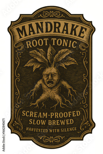 vintage apothecary potion label illustration of mandrake root with human face screaming ornate brown and gold engraved frame antique fantasy design concept of halloween crafts and mystical branding