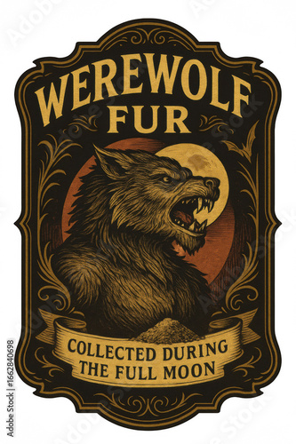vintage apothecary potion label illustration of werewolf with sharp fangs under full moon ornate black and gold engraved frame antique fantasy fur design concept of halloween crafts