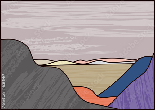 Landscape with Mountains, Steppe, Simple Flat Vector Background