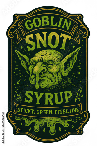 vintage apothecary potion label illustration of goblin with dripping snot face ornate green and gold engraved frame antique fantasy syrup design concept of halloween crafts and mystical branding