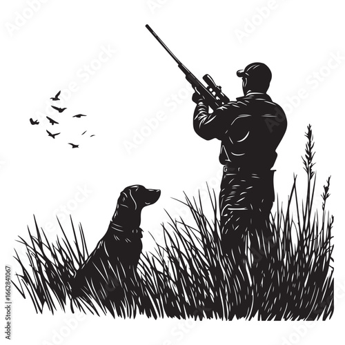Hunter and Gun Dog Bird Hunting Silhouette Set - Vector Illustrations.