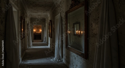 A long decaying hallway with peeling walls mirrors and draped white fabric Candles provide dim light