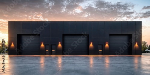 Modern large black industrial warehouse building with three large garage doors and four small entry doors illuminated by orange wall lamps at dusk with dramatic cloudy sky