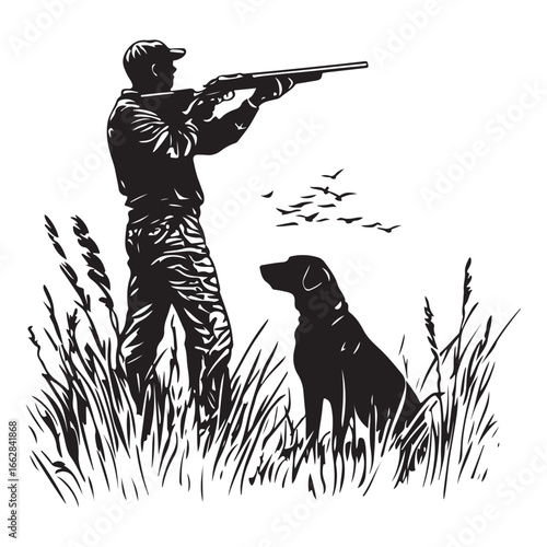 Hunter and Gun Dog Bird Hunting Silhouette Set - Vector Illustrations.