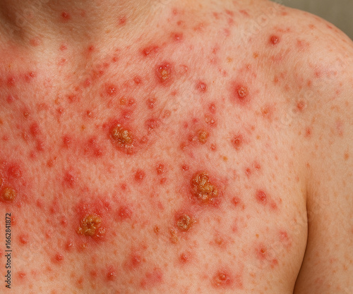 High-resolution close-up photo of human skin affected by bacterial infection impetigo. The image shows inflamed red patches, small blisters, and yellowish-brown crusts typical of this contagious skin 