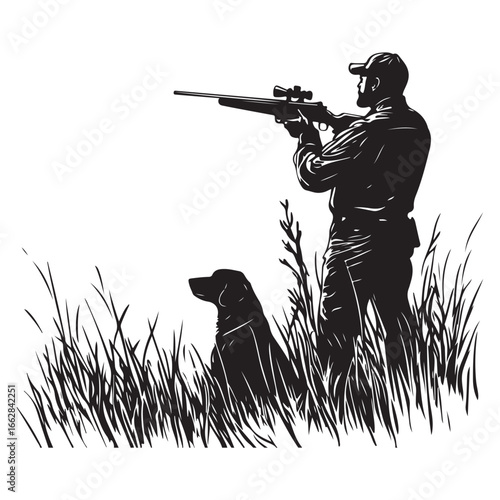 Hunter and Gun Dog Bird Hunting Silhouette Set - Vector Illustrations.