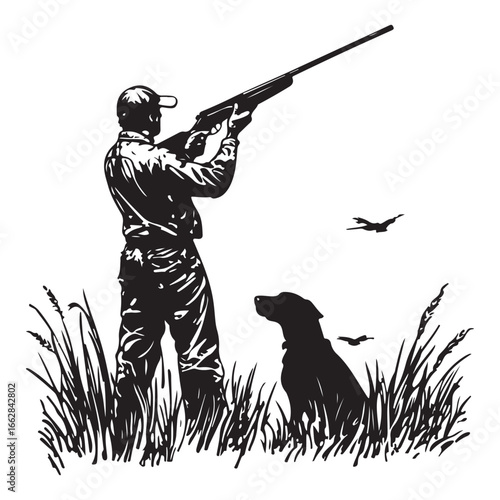 Hunter and Gun Dog Bird Hunting Silhouette Set - Vector Illustrations.