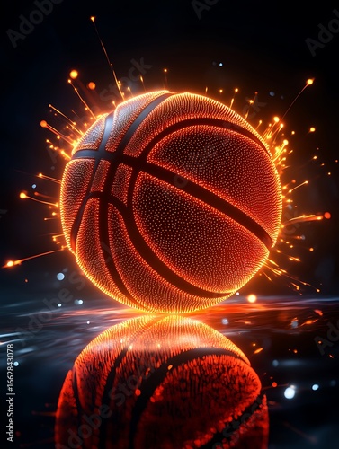 Glowing basketball with sparks and reflection on a dark background