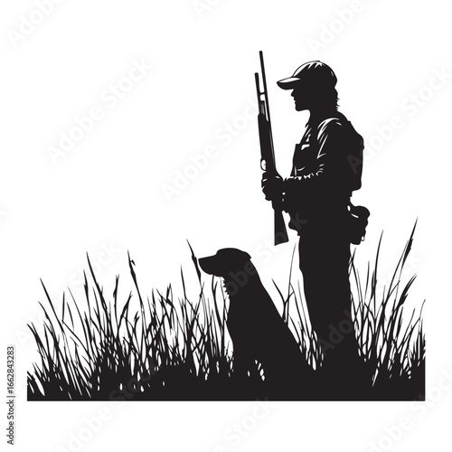 Hunter and Gun Dog Bird Hunting Silhouette Set - Vector Illustrations.