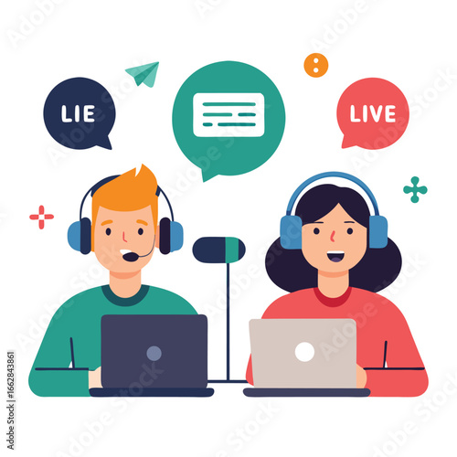 Online podcast streaming with man and woman isolated on white background