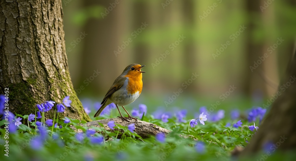 Fototapeta premium A robin sings among wildflowers in a forest.