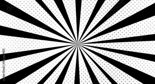 Monochrome comic book style background with a radial sunburst pattern and halftone dot texture.