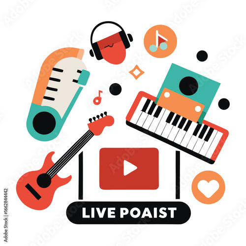 A variety of musical instruments and icons for a live music podcast isolated on white background