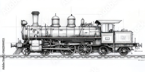 Detailed black and white technical side drawing of a vintage steam locomotive with visible wheels, pistons, smoke stack, and cabin on railroad tracks