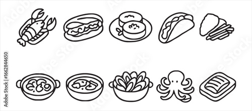 Healthy Seafood Icons – American & European Cuisine, Sustainable Food Outline Set