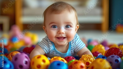 Smiling baby lying on stomach surrounded by colorful plastic balls with playful expression