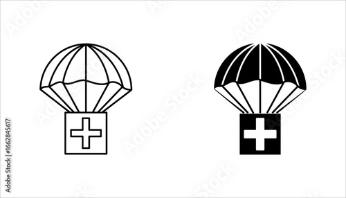 Parachute with first aid kit line and glyph icon set, medical box and emergency, humanitarian aid vector icon, vector graphics, editable stroke outline sign, eps 10.	

