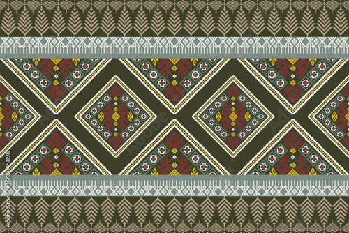 An intricate and colorful vector illustration of a folk tribal pattern with geometric shapes and symbolic motifs. This traditional design is inspired by indigenous textile and cross-stitch embroidery