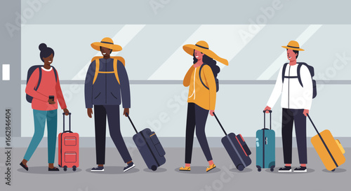 Adventure's Calling: A vibrant illustration captures the anticipation of travel as a diverse group of adventurers prepares for their journey, luggage in tow and dreams aloft.