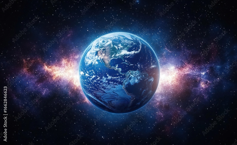Obraz premium Bright blue planet Earth floating in the vast space with distant stars and colorful galaxy background evoking a sense of wonder and vastness