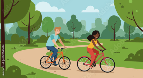 Pedal to Paradise: A vibrant illustration of a couple relishing a bicycle ride down a scenic trail in a lush, sun-dappled park, embracing the joy of cycling.