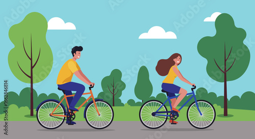 Scenic Bike Ride: A couple enjoying a leisurely bike ride on a sunny day, embracing the joys of outdoor activity, healthy lifestyle, and scenic views. 