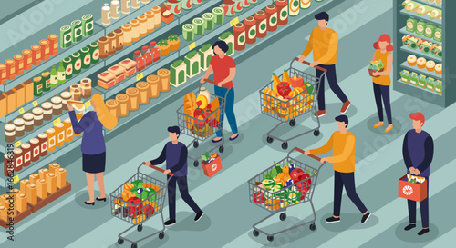 Shopping Spree: A vibrant depiction of a supermarket scene, showcasing shoppers navigating the aisles with carts filled with fresh produce and groceries.