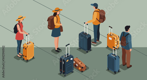 Traveling Adventure: A diverse group of people are gathered together at a station and they are all set to go in this illustration, it captures the spirit of anticipation and wanderlust. 