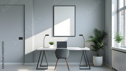Workspace Interior with Vertical Poster Frame for Corporate Branding, Vertical Poster Mockup in Minimal Interior with Shadows