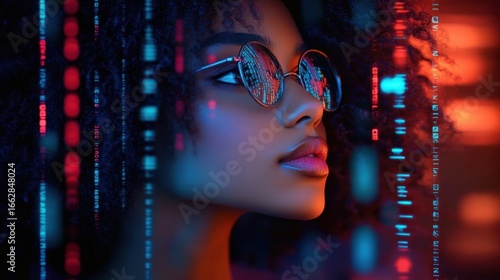 Close-up profile of a woman with curly hair wearing round glasses reflecting digital code and neon lights, expressing focus and futuristic vibe