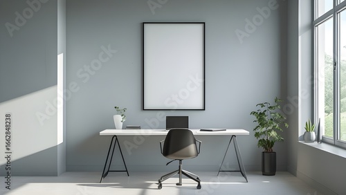 Workspace Interior with Vertical Poster Frame for Corporate Branding, Cozy Interior with Blank Poster on Wall