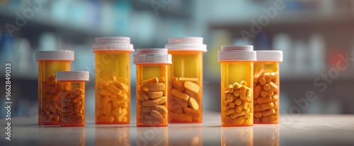 The colorful arrangement of prescription medication bottles on a pharmacy table.