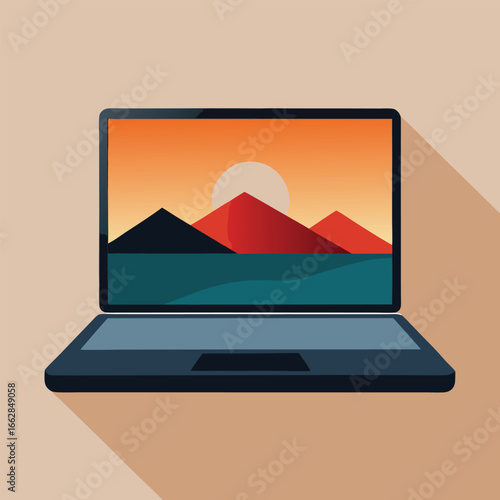 Technology concept vector illustration showing a laptop in diverse landscapes like the desert, mountains, and beach