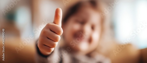 The cheerful child giving a thumbs-up in a cozy indoor setting.