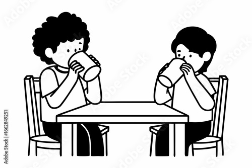 Friends enjoy morning coffee together in simple line art, perfect for social media use